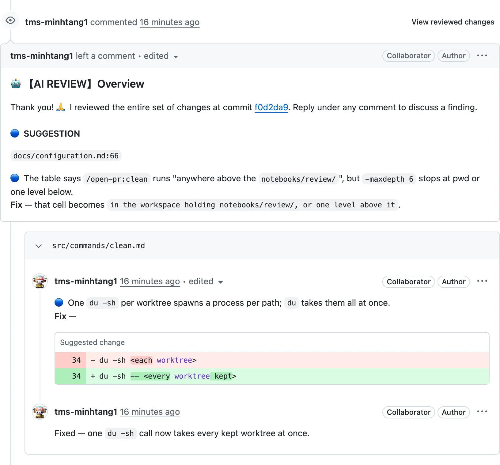 A review posted by open-pr: the overview, a line comment with a suggested change, and the reply after the fix was pushed