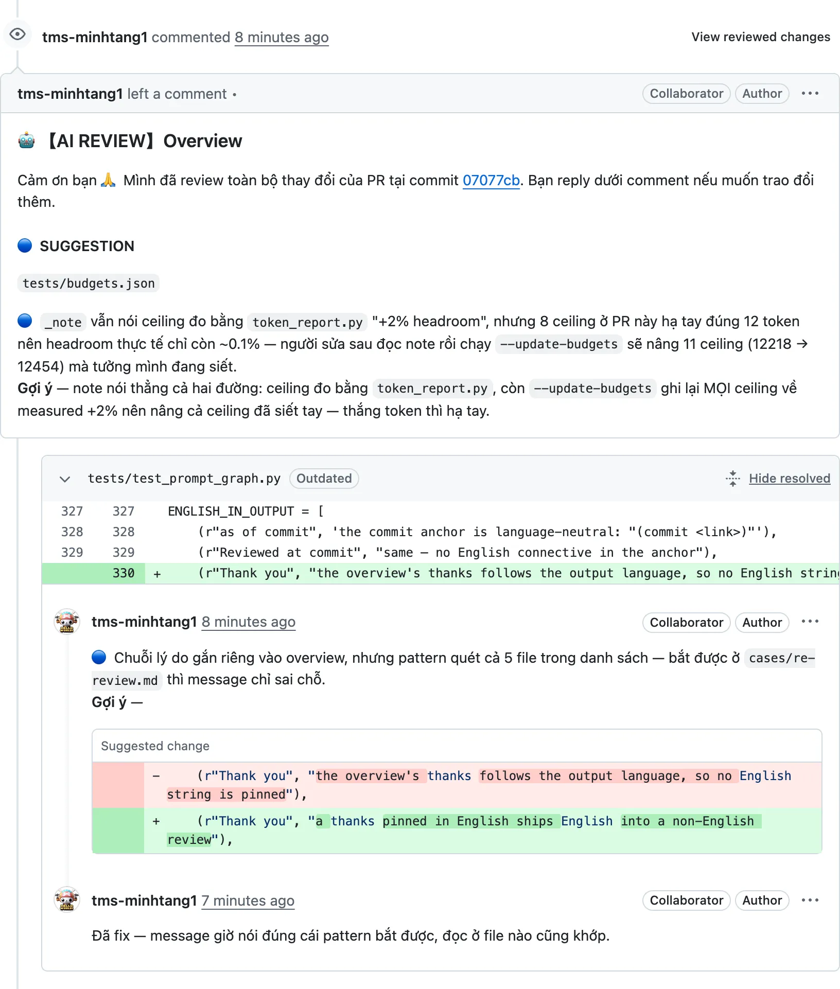 Review do open-pr đăng: phần tổng quan, một comment theo dòng kèm suggested change, và reply sau khi bản fix được push